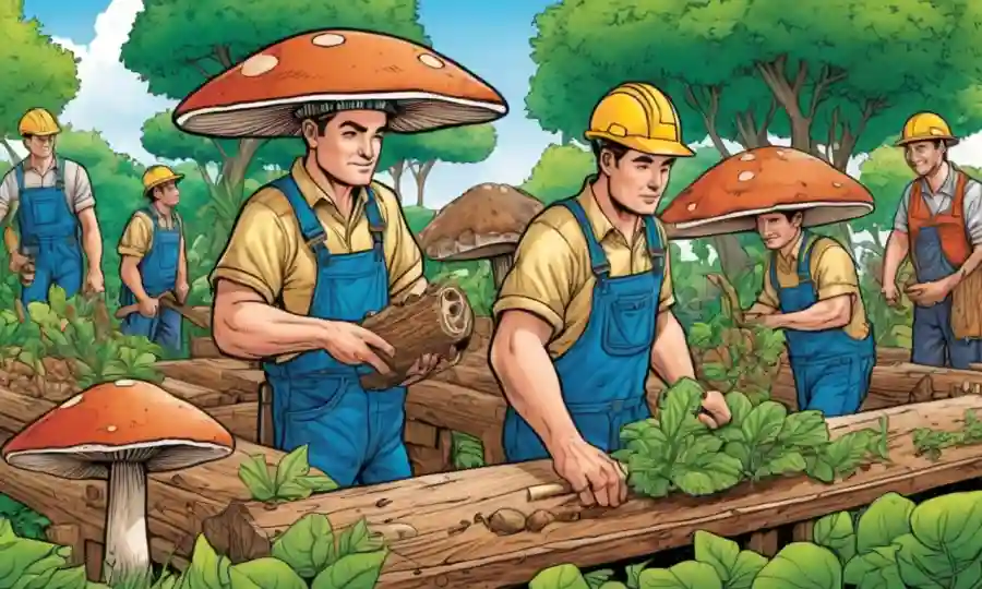 Construcción de trabajadores con champiñones de madera y vegetación.