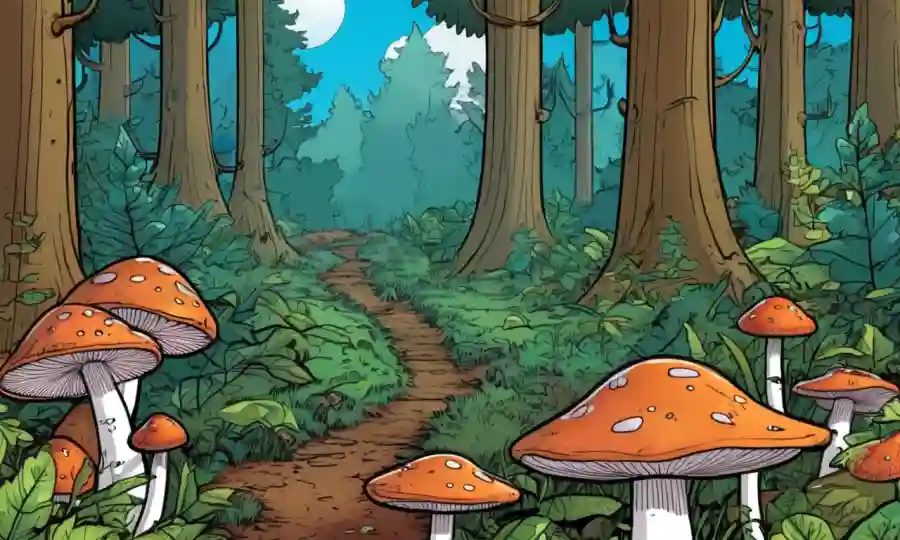 Una escena del suelo forestal con hongos e indicadores de éxito (gráficos o gráficos) en el fondo.