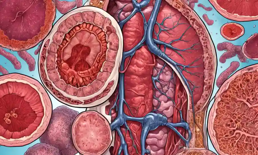 Una ilustración médica que muestra los órganos internos afectados por complicaciones sistémicas de las infecciones de Candida.