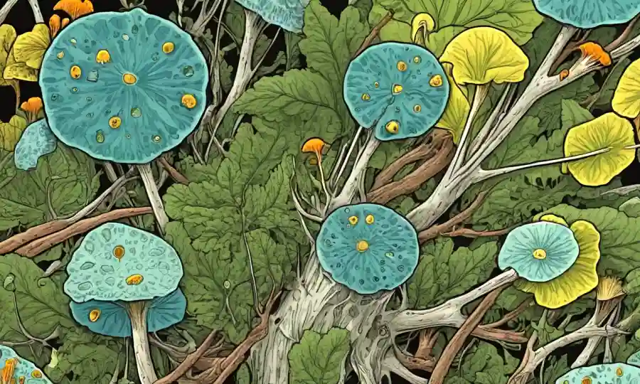 Imágenes microscópicas de hongos o plantas que crecen dentro del tejido vegetal rodeadas de flechas que apuntan a conceptos endofiléticos.
