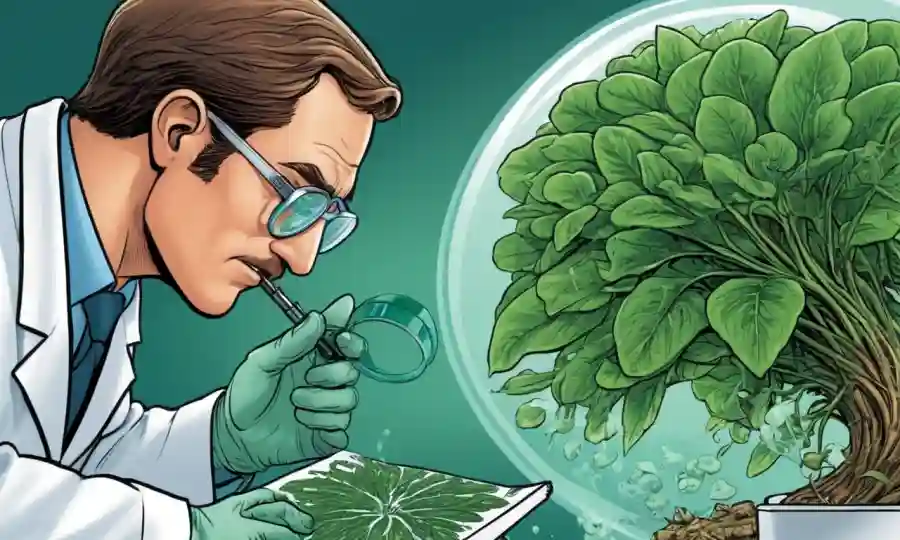 Un científico que examina las diapositivas de microscopía que contienen interacciones beneficiosas endofiladas por plantas.
