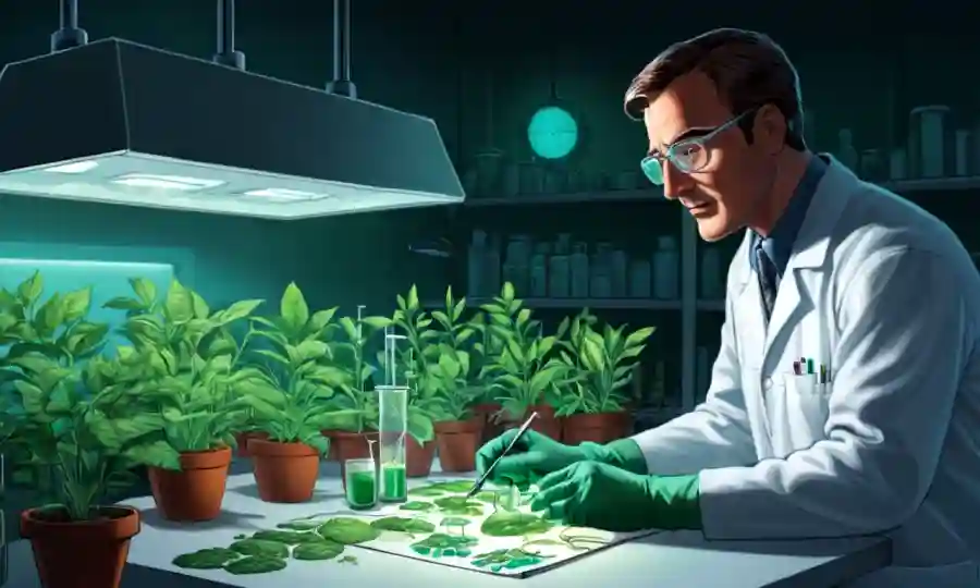 Científico estudiando muestras de plantas bajo luz de laboratorio.