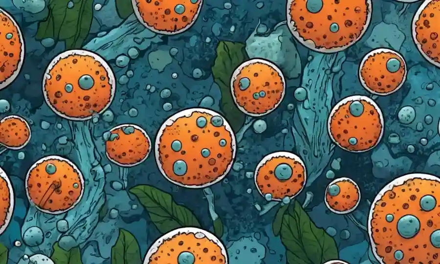 Imagen del microscopio de las esporas que interactúan con factores ambientales en el fondo biológico.