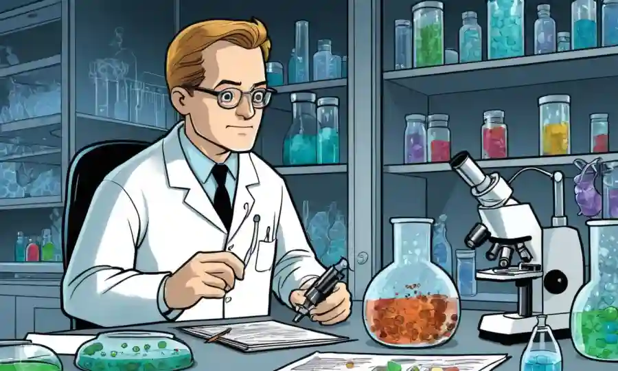 Científico en un laboratorio que mira los platos petri con microscopio y notas.