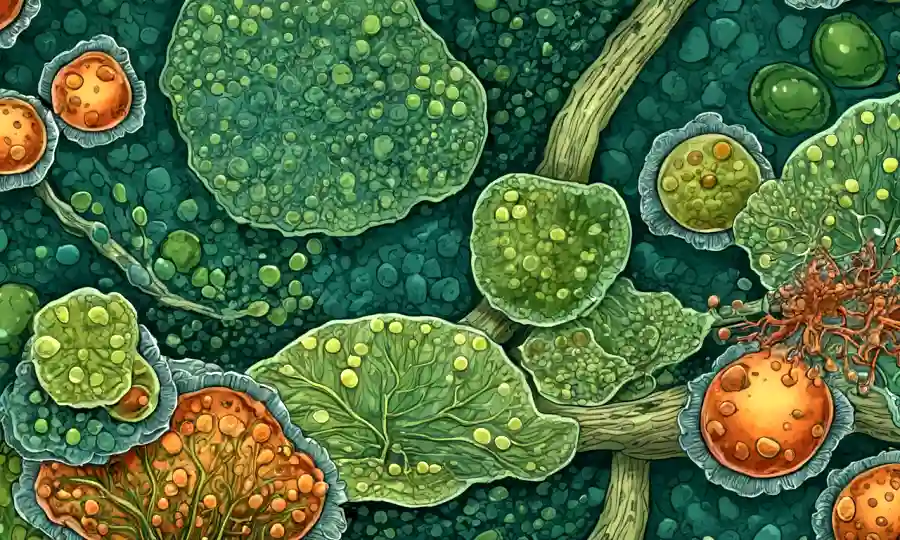 Imagen microscópica de hongos endofiticos interactuando con las células vegetales.