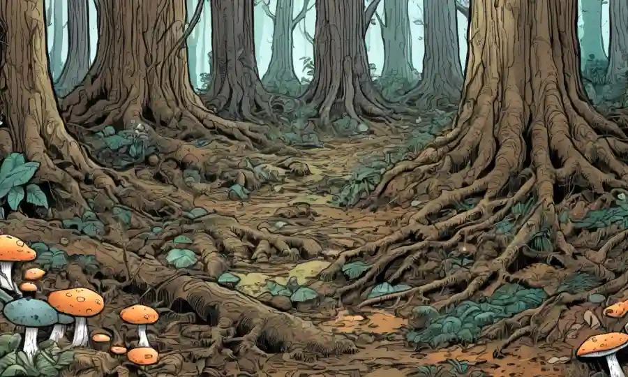 Un suelo de bosque con hongos conectados a raíces de árboles y materia descompuesta.