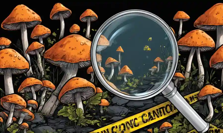 Una lupa que inspecciona varias setas tóxicas contra un fondo oscuro con cinta advertida.