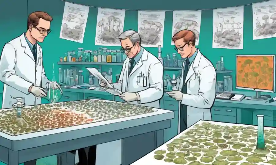Científicos que examinan muestras de hongos en un laboratorio