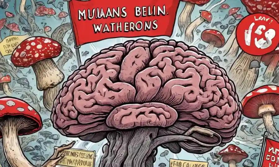 Un cerebro humano y hongos, con señales de advertencia o banderas rojas que los rodean.