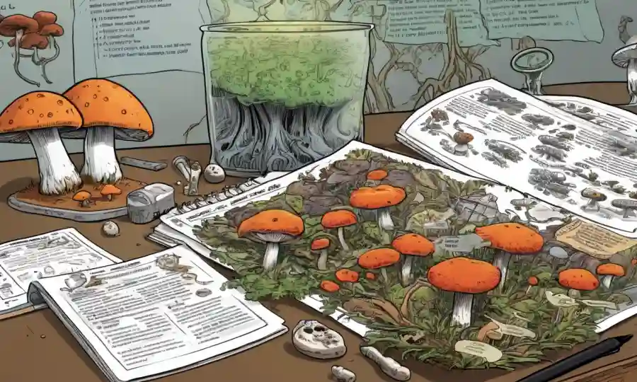 Una enciclopedia de hongos se extendió en una mesa de laboratorio, con notas y puntos de datos curiosos sobre hongos tóxicos.