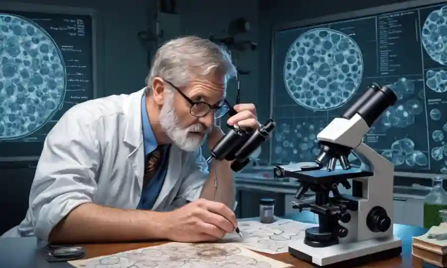 Un académico que examina microscopios llenos de esporas fúngicas entre gráficos y gráficos científicos.