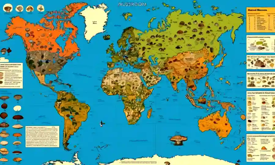 Un diagrama de variedad de hongos, con un mapa mundial que muestra distribución, gráficos estadísticos e ilustraciones fúngicas.