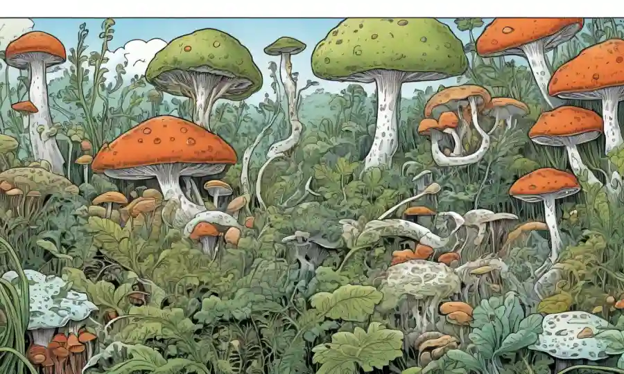 Una visión microscópica de hongos y plantas creciendo juntos en armonía. (Nota: Este es un resumen extremadamente breve, ya que los debates específicos sobre las endofitas mencionados no son comprensibles solamente de esta descripción única.)