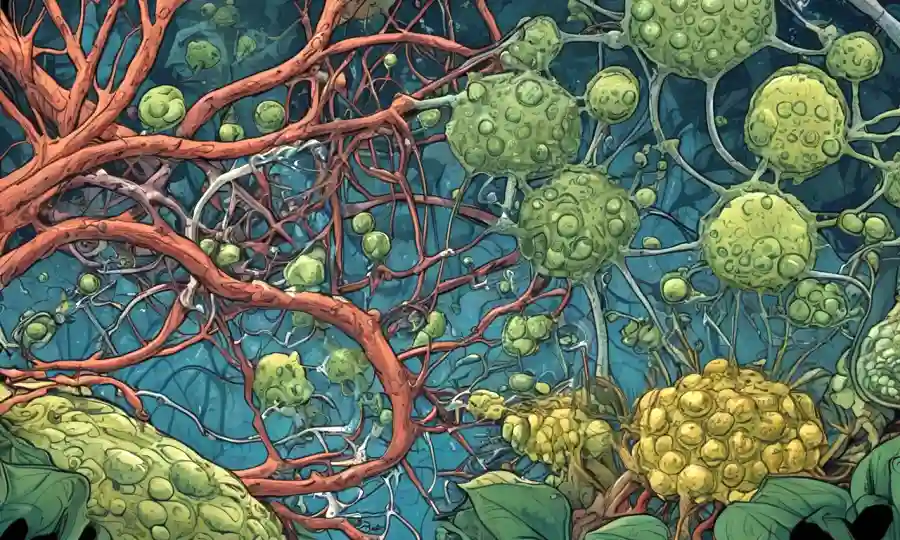 Una compleja ilustración de red que muestra relaciones simbióticas entre endofitos y patógenos hongos en tejidos vegetales.