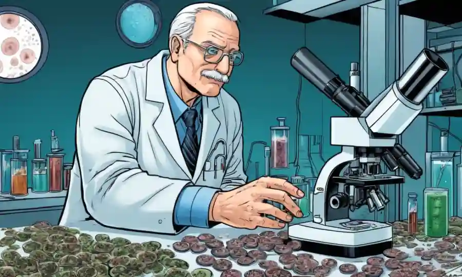 Científico estudiando diapositivas de microscopio con esporas fúngicas y equipo de laboratorio que rodea.