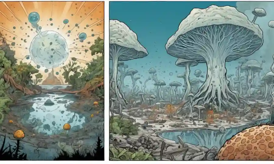 Las imágenes brillantes del daño al cambio climático coexisten con vistas microscópicas de esporas junto a científicos en laboratorios.