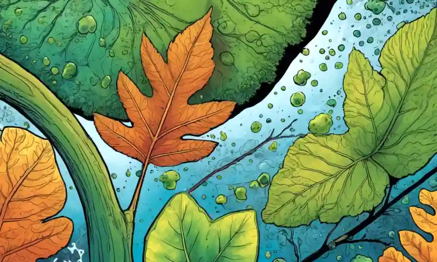 Close-up of leaf or branch with diverse microorganisms, emphasis ecological impact of climate change.