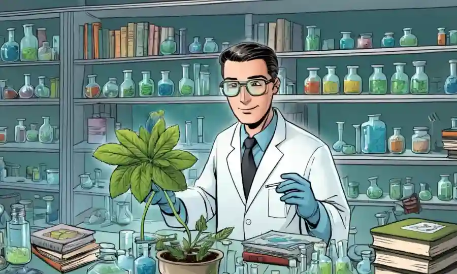 Un científico que sostiene una muestra de planta en un entorno de laboratorio, rodeado de platos y libros de Petri.