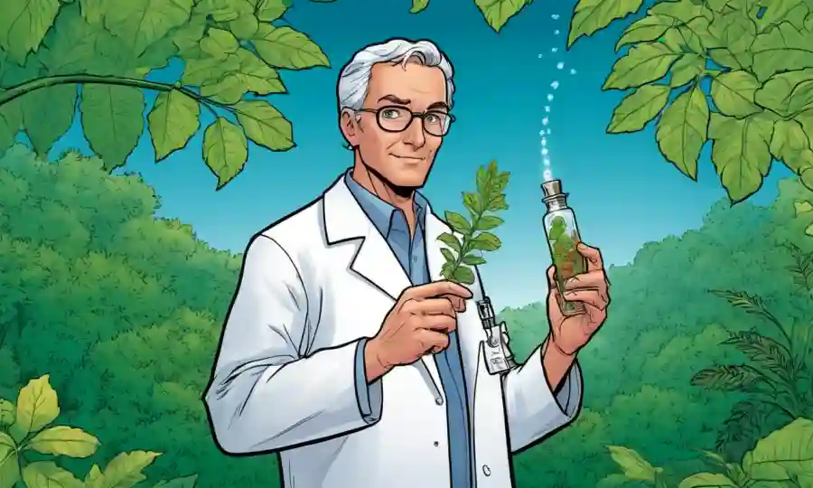 Un científico que sostiene un frasco de células vegetales en un contexto de follaje
