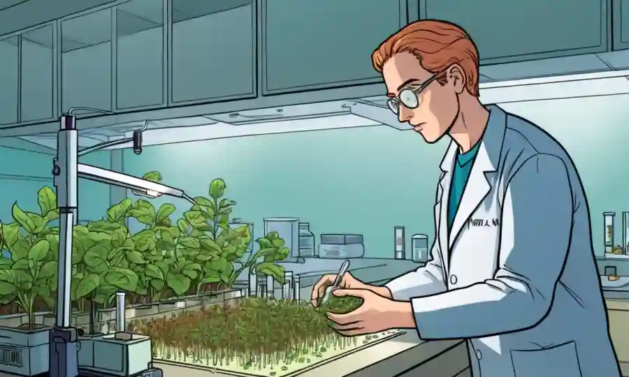 Un investigador que examina una muestra de microbioma vegetal en un entorno de laboratorio.