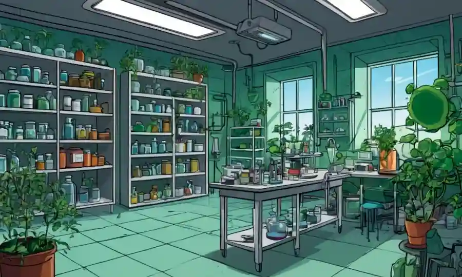 Un cuarto vacío o laboratorio lleno de equipos para la investigación de plantas, representando el aspecto científico de estudiar endofitos.