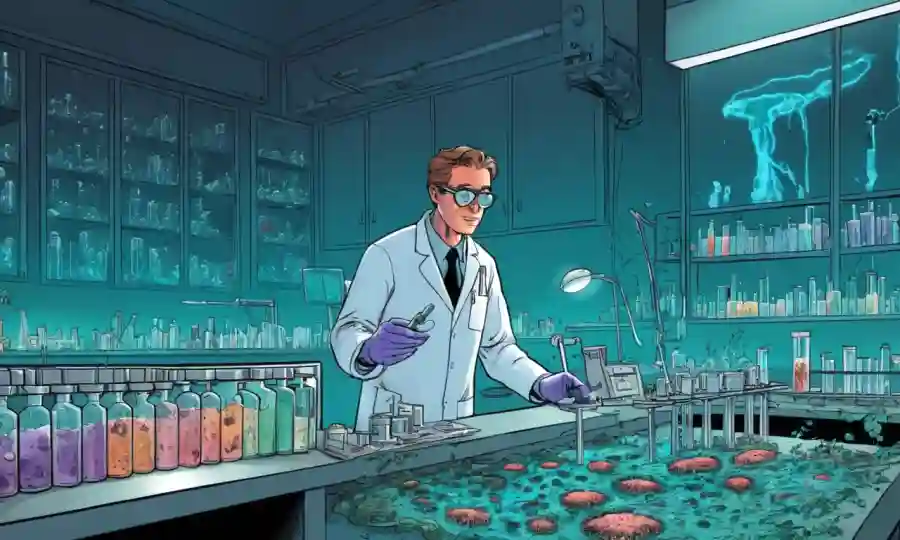Microbiólogo que examina muestras de hongos en un mostrador de laboratorio en medio de tecnología y tubos de ensayo.