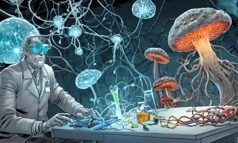 Compuestos químicos y hongos en una mesa de laboratorio rodeados de conexiones neuronales y escaneos cerebrales.