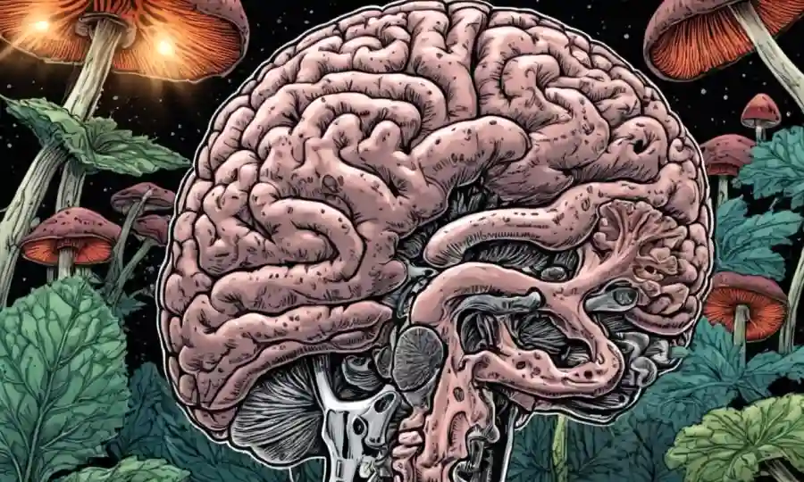 Un cerebro humano con hongos o capsella ilustración cerca de él, sugiriendo efectos neurociencia.