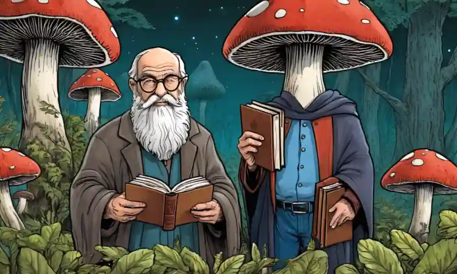 Antiguos filósofos con libros en medio de un bosque de setas.