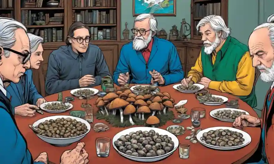 Los filósofos se reunieron alrededor de una mesa discutiendo los hongos supuestos efectos de conciencia.