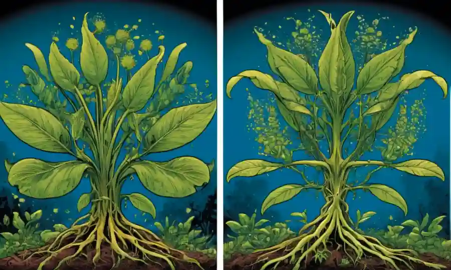 Una ilustración que compara el crecimiento de las plantas endofitas dentro de los tallos con el crecimiento epifitico de los tallos.