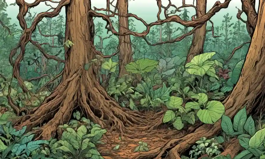 Plantas de diferentes formas y tamaños entrelazadas en armonía entre árboles forestales y suelo, destacando las relaciones ecológicas entre la flora diversa.