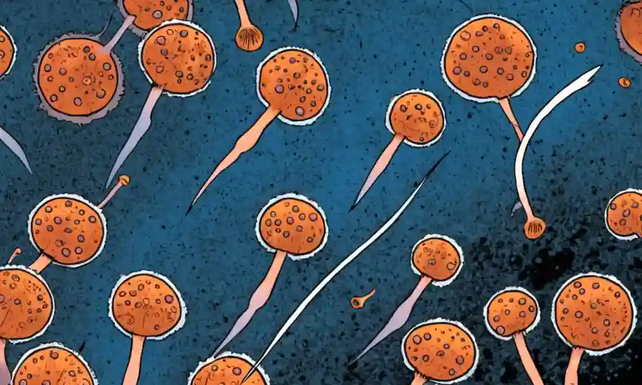 Una imagen microscópica de esporas fúngicas con flechas que ilustran la reproducción sexual y asexual.
