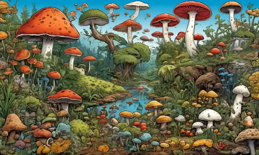 Ilustraciones que comparan métodos nutricionales específicos para hongos, plantas y animales.