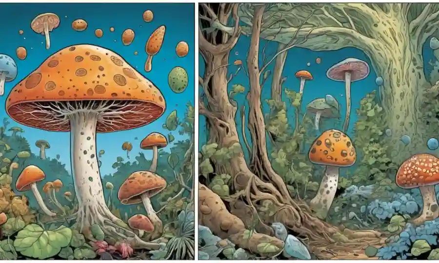 Una imagen de pantalla dividida que compara las estructuras básicas (células) y características (poras, hojas, miembros) de hongos, plantas y animales.