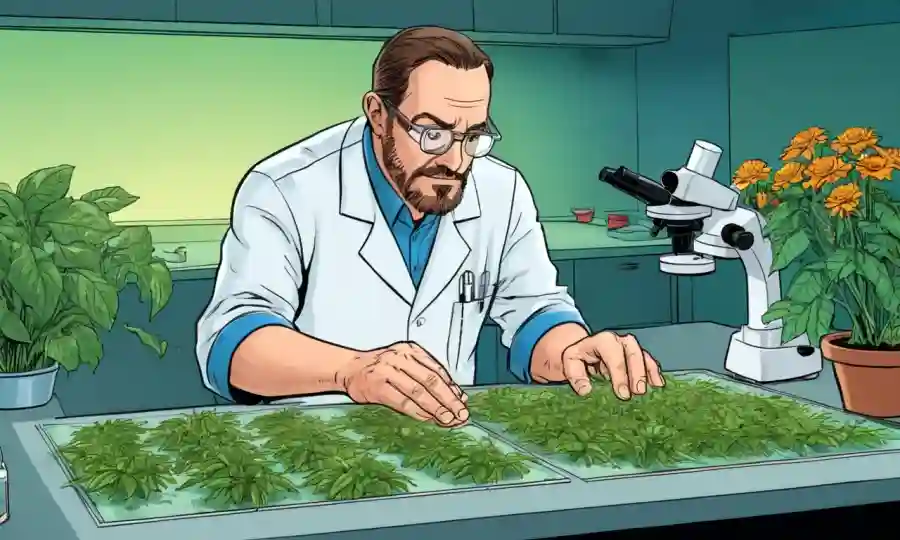 Muestras científicas de plantas de examen en una mesa microscópica.