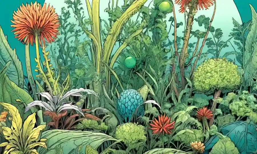 Ilustración de diferentes formas de vida vegetal creciendo dentro de otras plantas, destacando sus estructuras distintas.