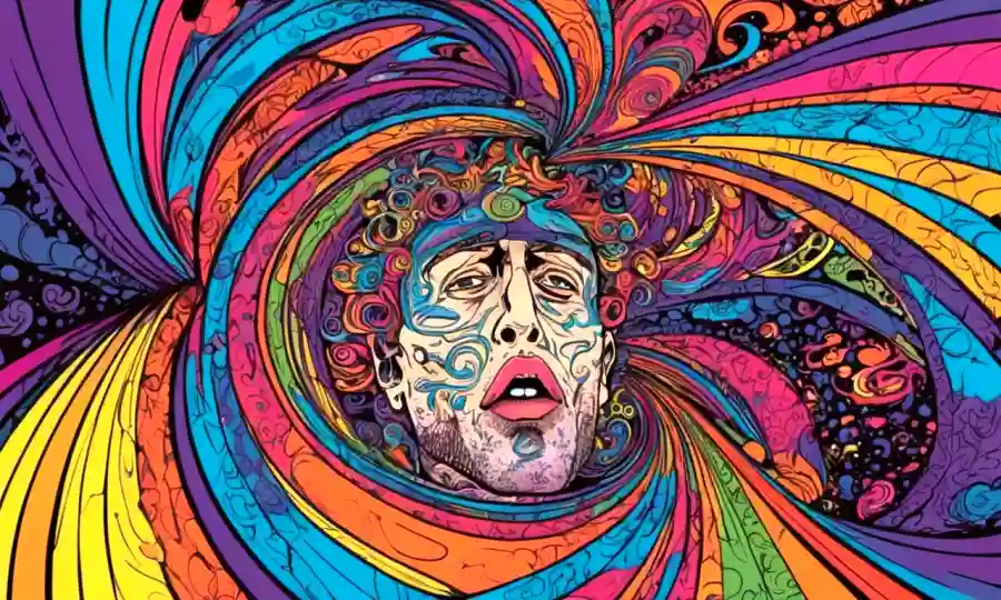 Una persona experimentando alucinaciones vívidas, rodeada de formas y colores giratorios.