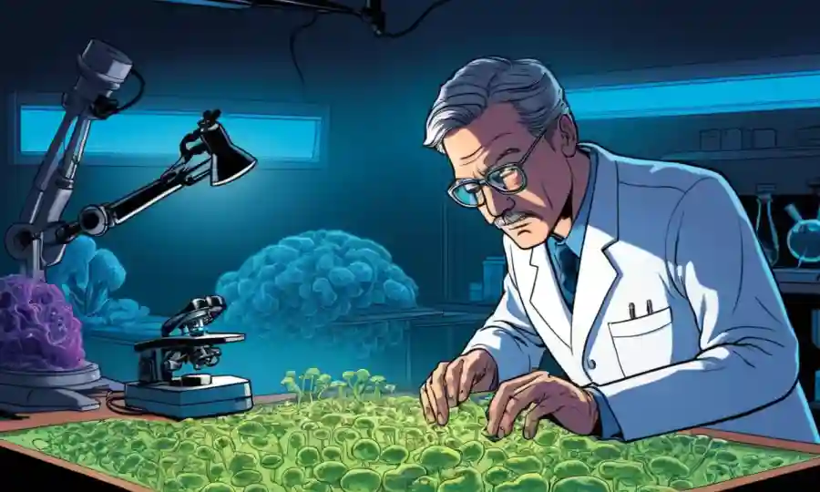 Científico examinando hongos microscópicos en una mesa de laboratorio con rayos de luz UV alrededor.