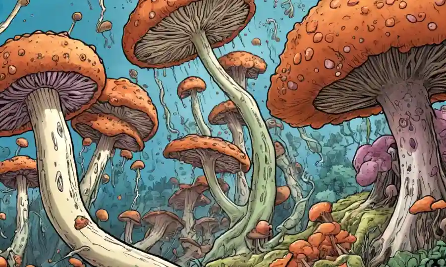 Ilustración médica que muestra el sistema inmunitario interactuando con varios hongos.