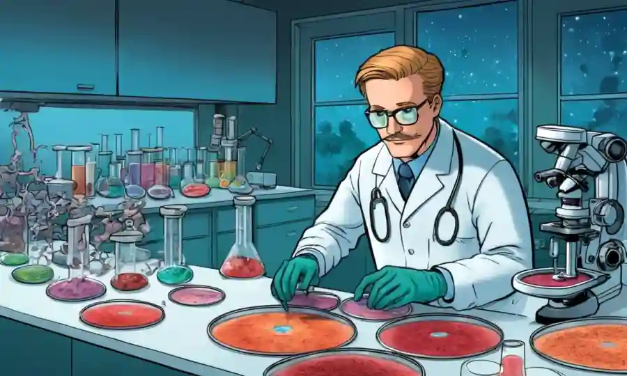 Científico estudiando muestras de hongos bajo diversos platos y microscopios petri en un entorno de laboratorio.