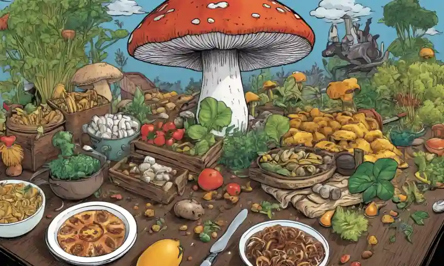 Un hongo creciendo en medio de varios alimentos sobre una mesa, el texto circundante discutiendo sus efectos sobre humanos y animales.