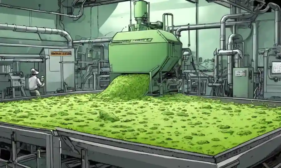 Biomasa fúngica verde procesada por maquinaria para uso industrial.