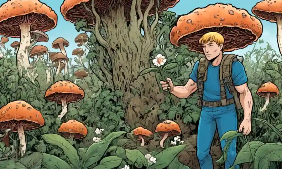 Una persona que sostiene una planta o hongo con endofitos beneficiosos, de pie en medio de plantas florecientes.
