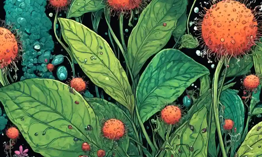Flora ilustraciones con microbios creciendo dentro de hojas y tallos de plantas.