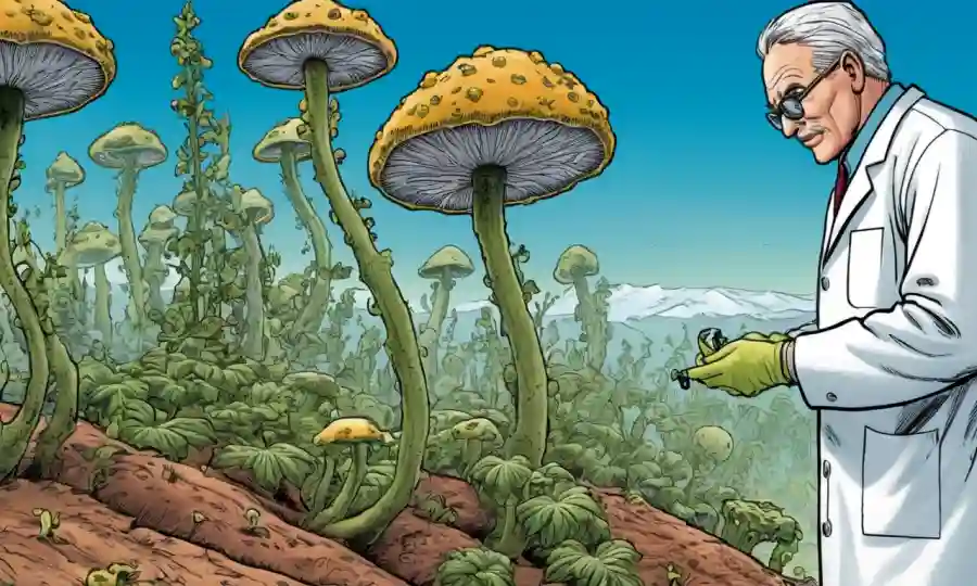 Científico observando hongos endofiticos creciendo en una especie de planta de medio ambiente extremo.