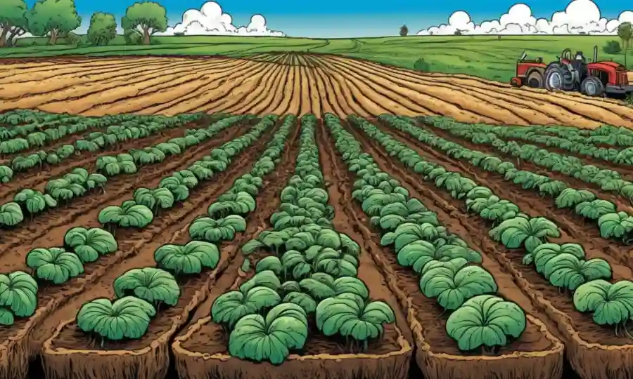 Microorganismos colonizando raíces vegetales luchando contra plagas entre campos agrícolas.