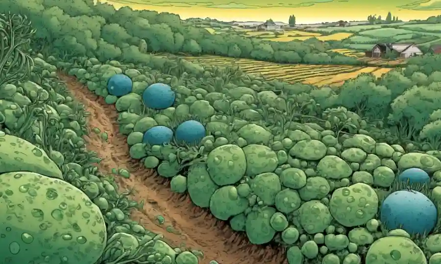 Imagen microscópica de células vegetales con endofitas destacadas, rodeadas de paisajes agrícolas.