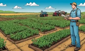 Muestras de plantas de retención de la persona junto a un campo agrícola.