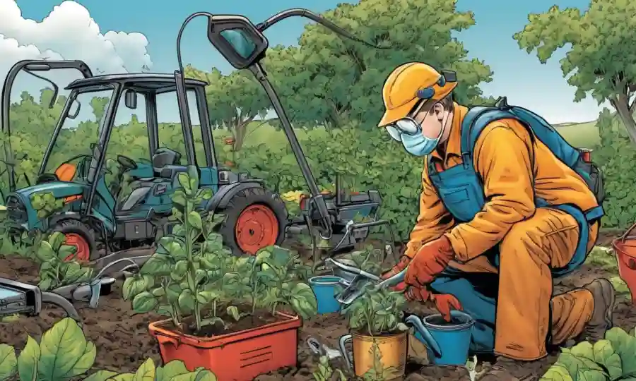 Person inspecting equipment, possibly PPE, used for gardening or farm.